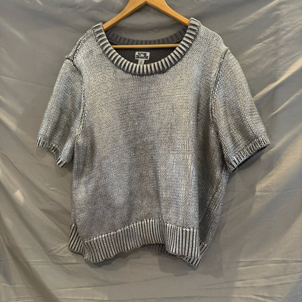 Future Collective Womens 1X Metallic Silver Crewneck Top Y2K Futuristic Chic